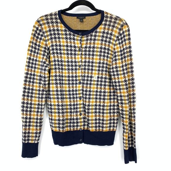 Ann Taylor Crew Neck Cardigan Sweater Womens Size Medium Navy Gold Plaid NEW - Picture 1 of 7